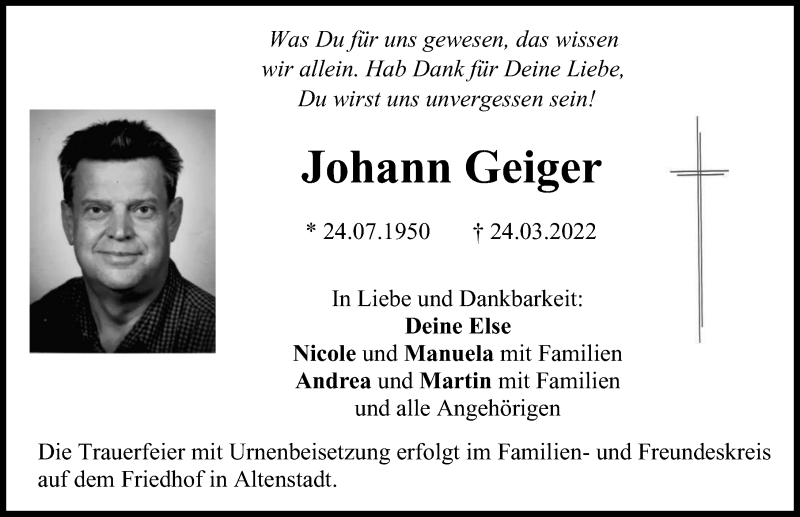  Traueranzeige für Johann Geiger vom 29.03.2022 aus Illertisser Zeitung