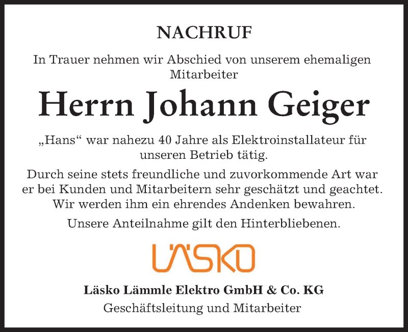  Traueranzeige für Johann Geiger vom 01.04.2022 aus Illertisser Zeitung