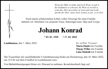Traueranzeige von Johann Konrad von Donau-Zeitung