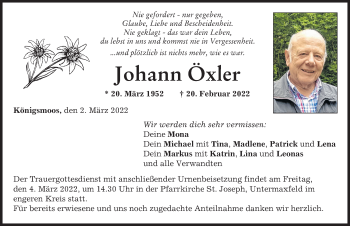 Traueranzeige von Johann Öxler von Neuburger Rundschau