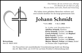 Traueranzeige von Johann Schmidt von Günzburger Zeitung