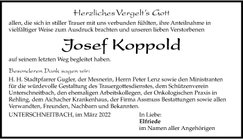 Traueranzeige von Josef Koppold von Aichacher Nachrichten