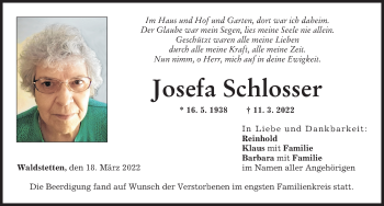 Traueranzeige von Josefa Schlosser von Günzburger Zeitung
