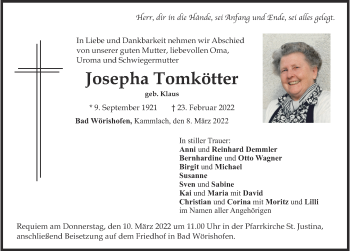 Traueranzeige von Josepha Tomkötter von Mindelheimer Zeitung