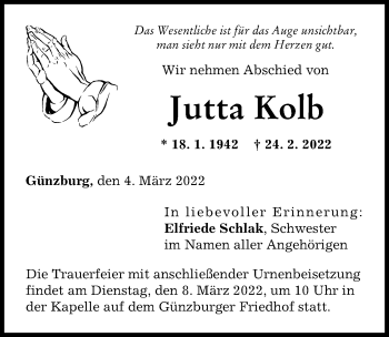 Traueranzeige von Jutta Kolb von Günzburger Zeitung