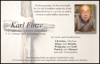 Traueranzeige von Karl Finze von Neuburger Rundschau
