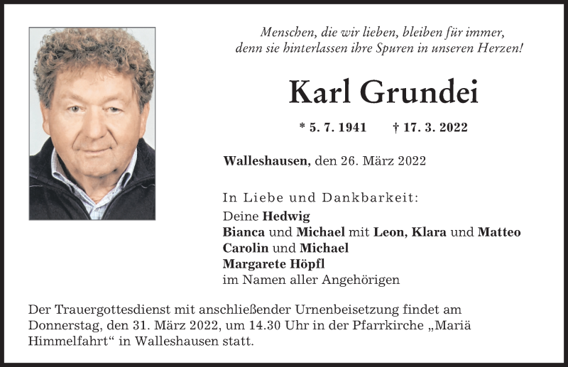  Traueranzeige für Karl Grundei vom 26.03.2022 aus Landsberger Tagblatt