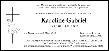 Traueranzeige von Karoline Gabriel von Augsburger Allgemeine