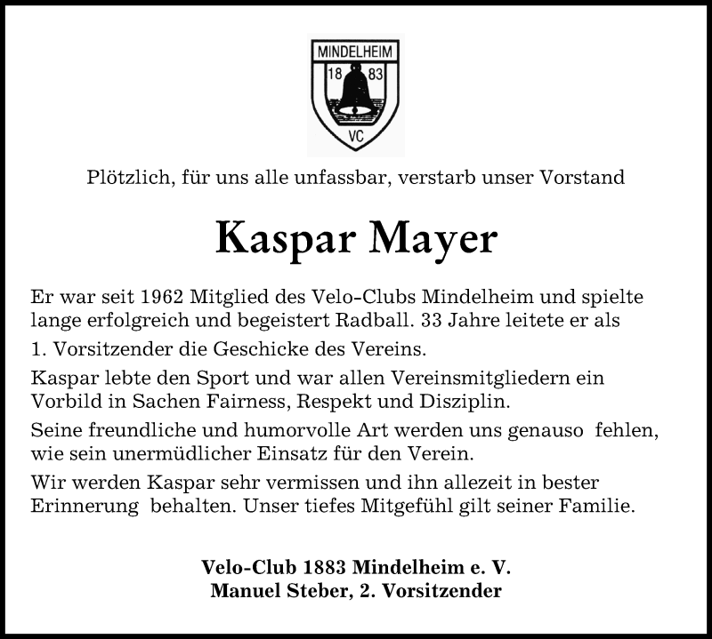  Traueranzeige für Kaspar Mayer vom 22.03.2022 aus Mindelheimer Zeitung