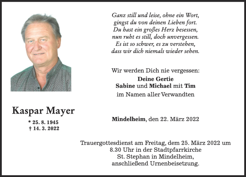 Traueranzeige für Kaspar Mayer vom 22.03.2022 aus Mindelheimer Zeitung