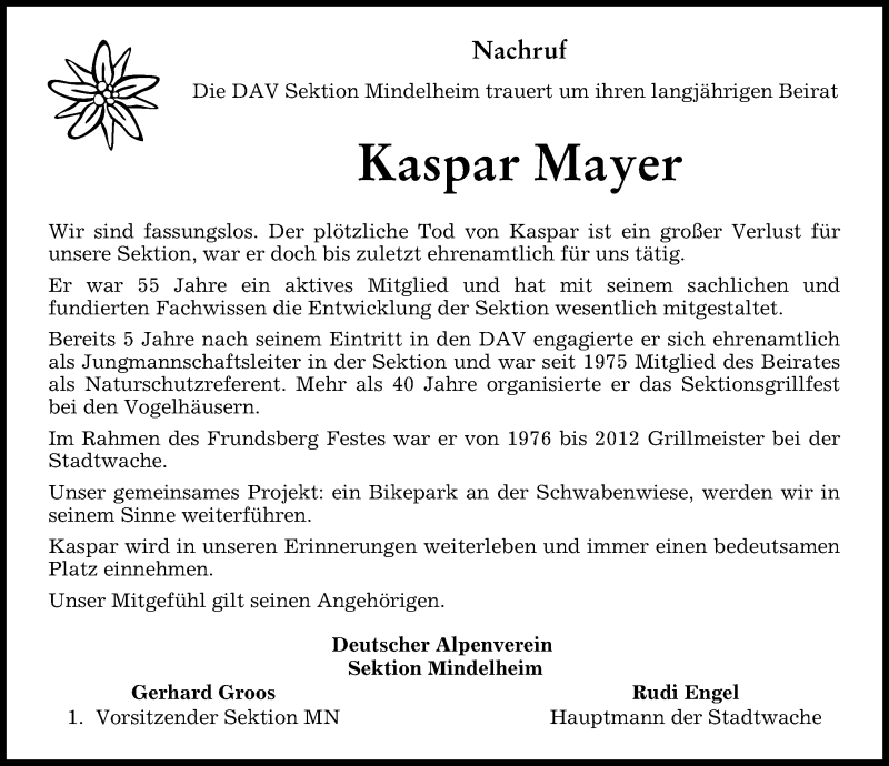  Traueranzeige für Kaspar Mayer vom 22.03.2022 aus Mindelheimer Zeitung