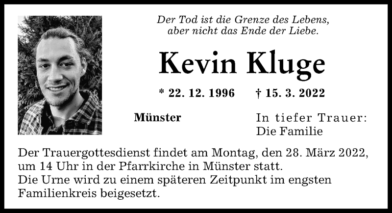  Traueranzeige für Kevin Kluge vom 24.03.2022 aus Donauwörther Zeitung
