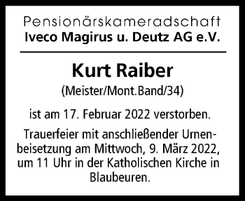 Traueranzeige von Kurt Raiber von Illertisser Zeitung, Günzburger Zeitung, Neu-Ulmer Zeitung