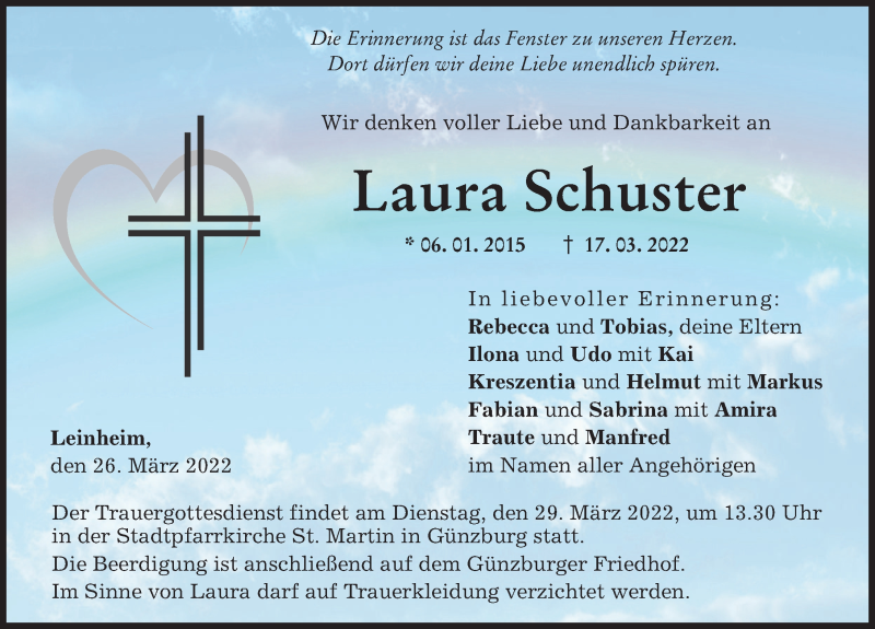  Traueranzeige für Laura Schuster vom 26.03.2022 aus Mittelschwäbische Nachrichten, Günzburger Zeitung