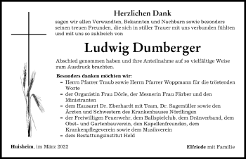 Traueranzeige von Ludwig Dumberger von Donauwörther Zeitung