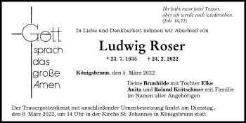 Traueranzeige von Ludwig Roser von Schwabmünchner Allgemeine