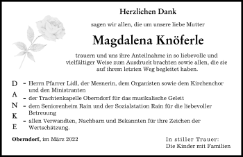 Traueranzeige von Magdalena Knöferle von Donauwörther Zeitung