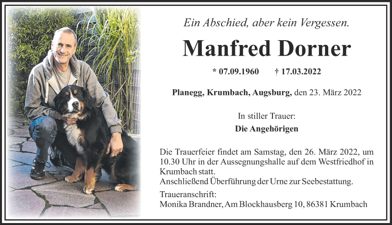  Traueranzeige für Manfred Dorner vom 23.03.2022 aus Augsburg-Land, Mittelschwäbische Nachrichten
