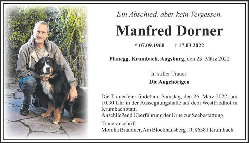  Traueranzeige für Manfred Dorner vom 24.03.2022 aus Augsburger Allgemeine