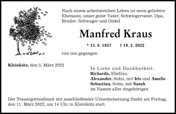 Traueranzeige von Manfred Kraus von Günzburger Zeitung