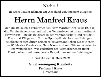 Traueranzeige von Manfred Kraus von Günzburger Zeitung