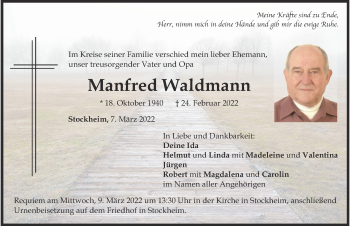 Traueranzeige von Manfred Waldmann von Mindelheimer Zeitung