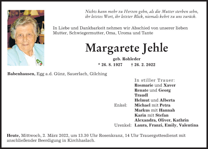  Traueranzeige für Margarete Jehle vom 02.03.2022 aus Illertisser Zeitung