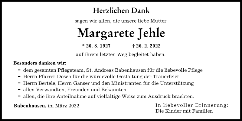  Traueranzeige für Margarete Jehle vom 11.03.2022 aus Illertisser Zeitung
