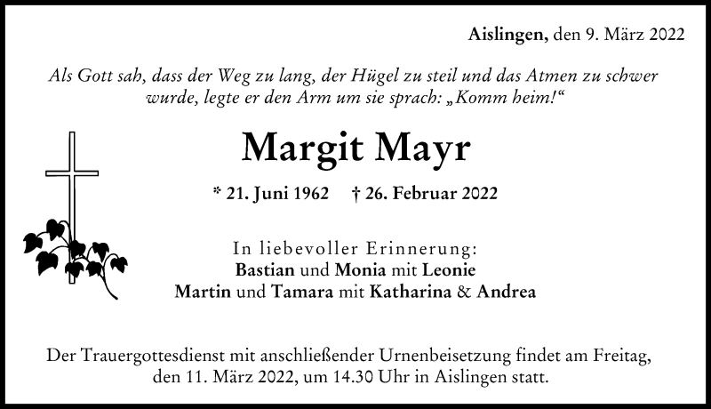  Traueranzeige für Margit Mayr vom 09.03.2022 aus Donau Zeitung