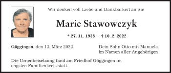 Traueranzeige von Marie Stawowczyk von Augsburger Allgemeine
