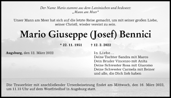 Traueranzeige von Mario Giuseppe Bennici von Augsburger Allgemeine