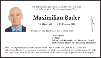 Traueranzeige von Maximilian Bader von Landsberger Tagblatt
