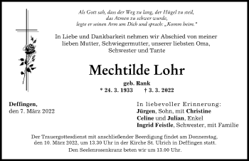 Traueranzeige von Mechtilde Lohr von Günzburger Zeitung