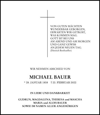 Traueranzeige von Michael Bauer von Friedberger Allgemeine