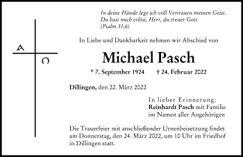 Traueranzeige von Michael Pasch von Donau Zeitung