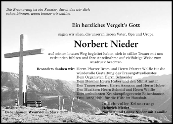 Traueranzeige von Norbert Nieder von Illertisser Zeitung