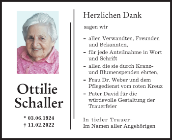 Traueranzeige von Ottilie Schaller von Friedberger Allgemeine