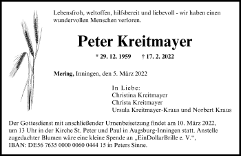 Traueranzeige von Peter Kreitmayer von Augsburger Allgemeine