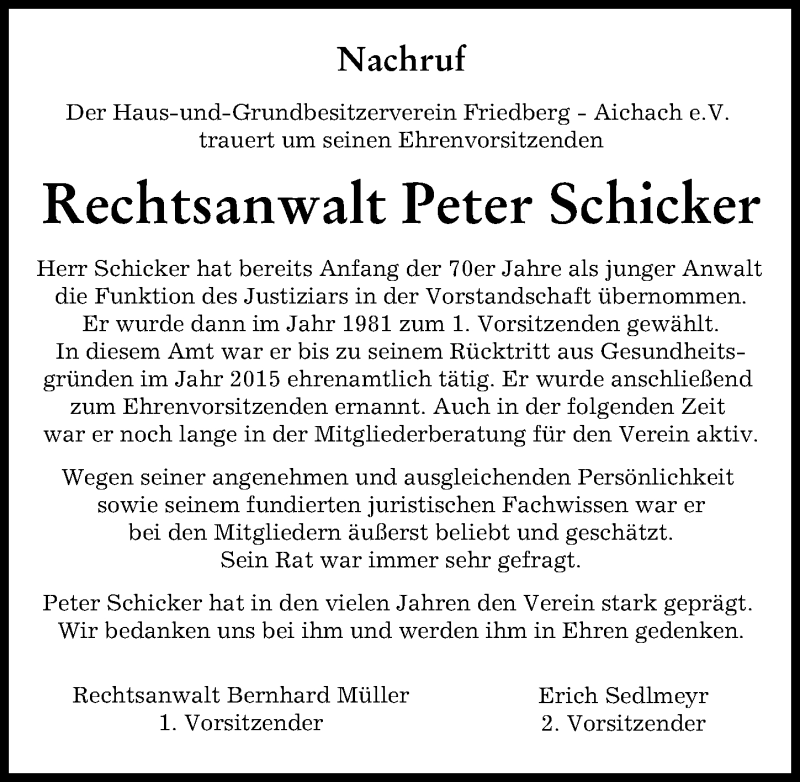  Traueranzeige für Peter Schicker vom 12.03.2022 aus Friedberger Allgemeine