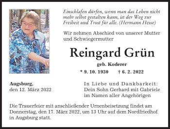 Traueranzeige von Reingard Grün von Rieser Nachrichten