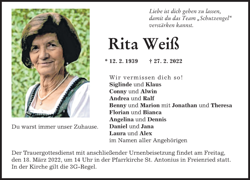  Traueranzeige für Rita Weiß vom 12.03.2022 aus Friedberger Allgemeine