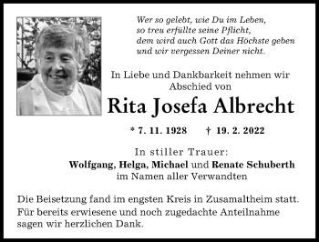 Traueranzeige von Rita Josefa Albrecht von Friedberger Allgemeine