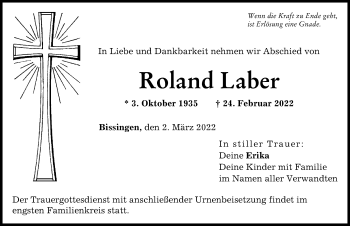 Traueranzeige von Roland Laber von Donau Zeitung