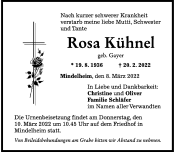 Traueranzeige von Rosa Kühnel von Mindelheimer Zeitung
