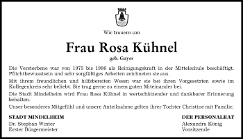 Traueranzeige von Rosa Kühnel von Mindelheimer Zeitung