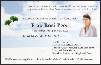 Traueranzeige von Rosi Peer von Mindelheimer Zeitung