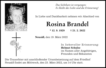 Traueranzeige von Rosina Brandel von Augsburger Allgemeine
