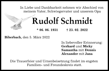 Traueranzeige von Rudolf Schmidt von Augsburg-Land