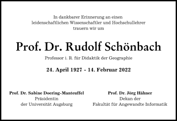 Traueranzeige von Rudolf Schönbach von Augsburger Allgemeine
