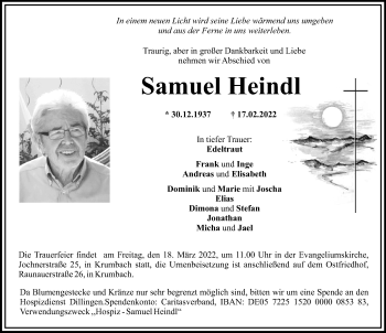 Traueranzeige von Samuel Heindl von Mittelschwäbische Nachrichten